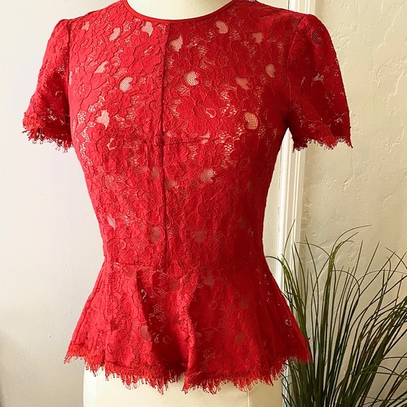 BCBGMaxAzria Tops - BCBG Red Lace Peplum Top Size Xs